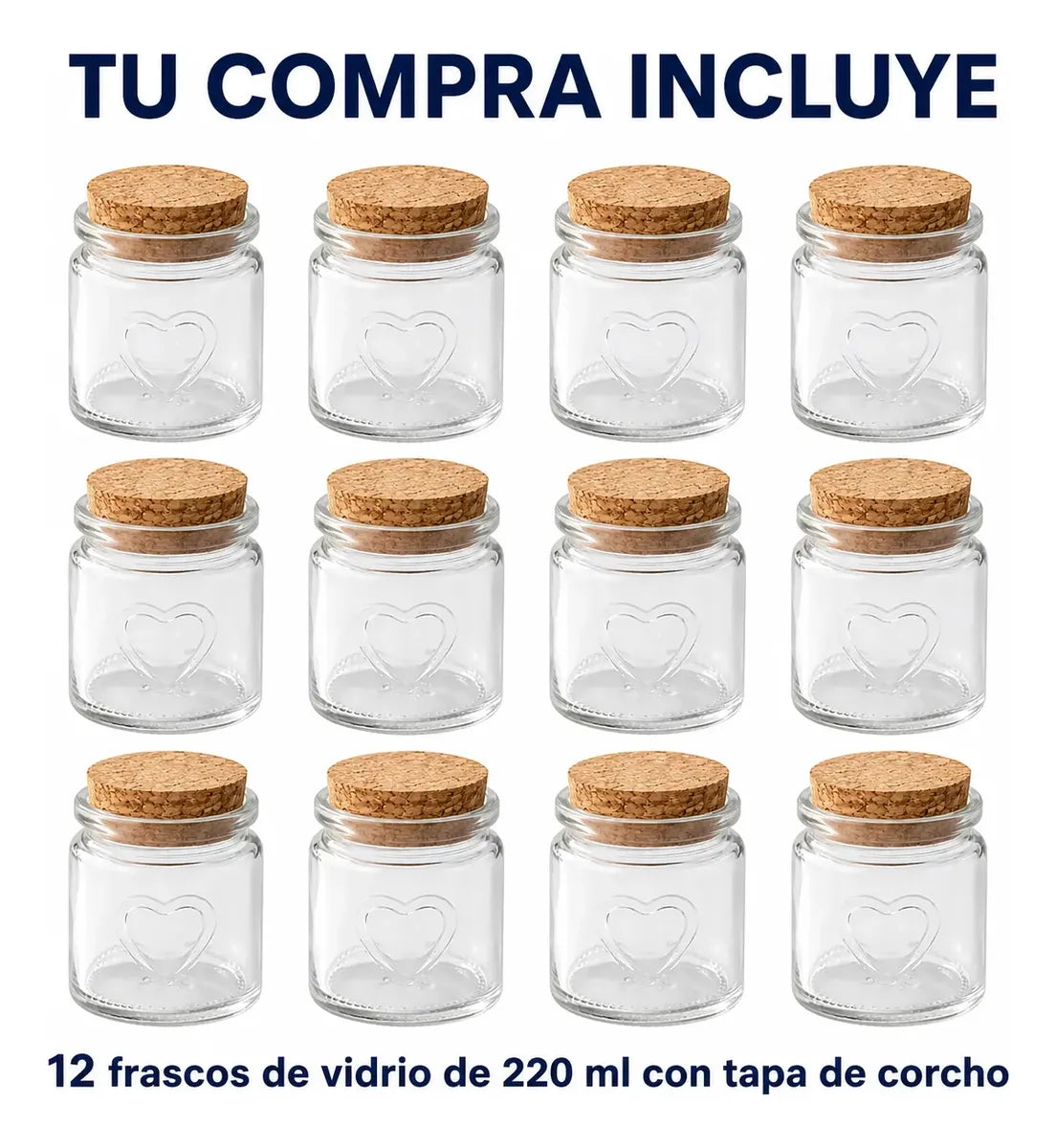 Pack 12 Frascos Vidrio 220 Ml Con Tapa De Corcho