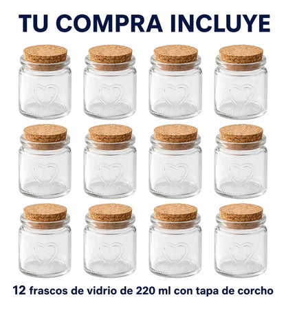 Pack 12 Frascos Vidrio 220 Ml Con Tapa De Corcho