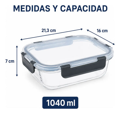 Pack 2 Tupper Hermético Vidrio 1040ml