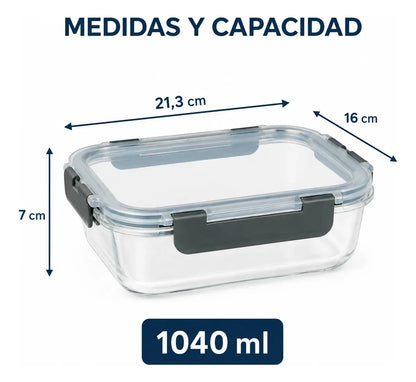 Pack 3 Tupper Hermético Vidrio 1040 Ml