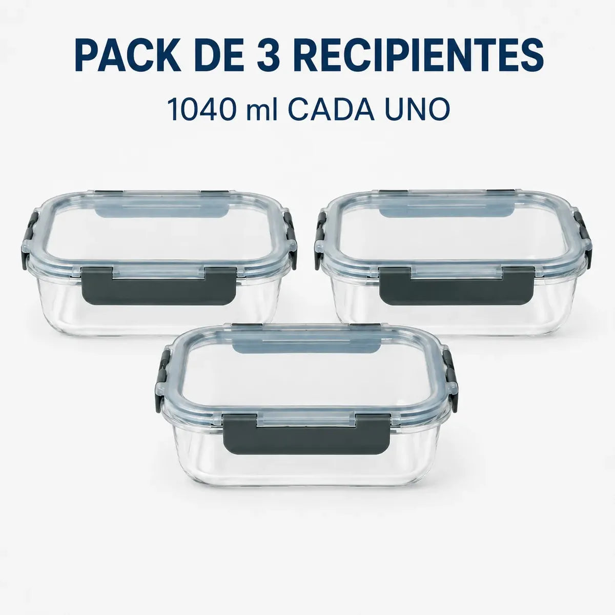 Pack 3 Tupper Hermético Vidrio 1040 Ml