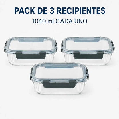 Pack 3 Tupper Hermético Vidrio 1040 Ml