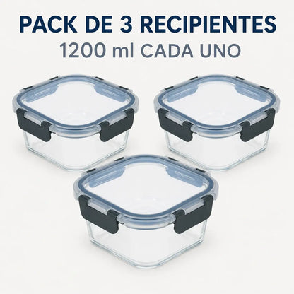 Pack 3 Tupper Hermético Vidrio 1200ml