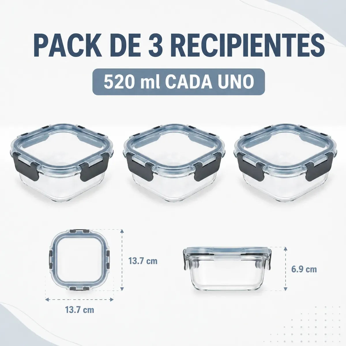 Pack De 3 Tupper Hermético Vidrio 520ml