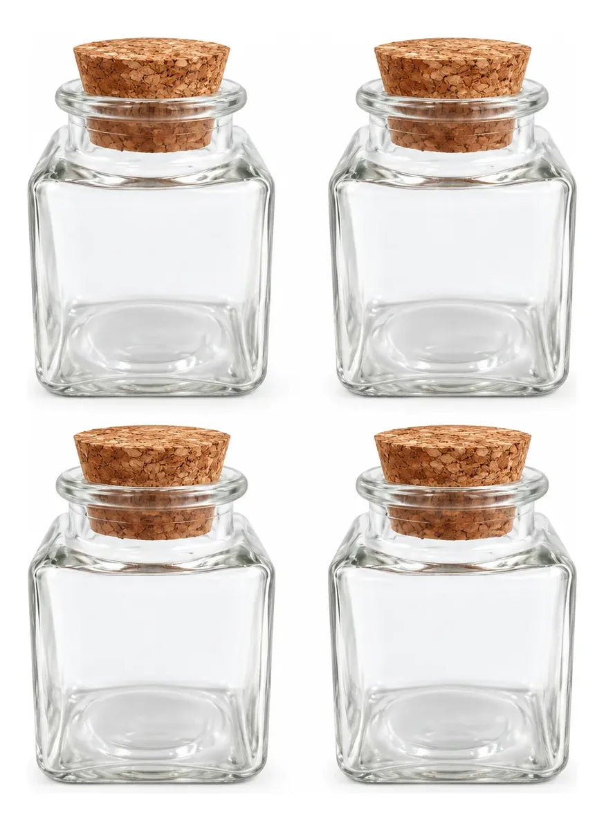 Pack 4 Frascos De Vidrio 50ml Cuadrado Con Tapa De Corcho
