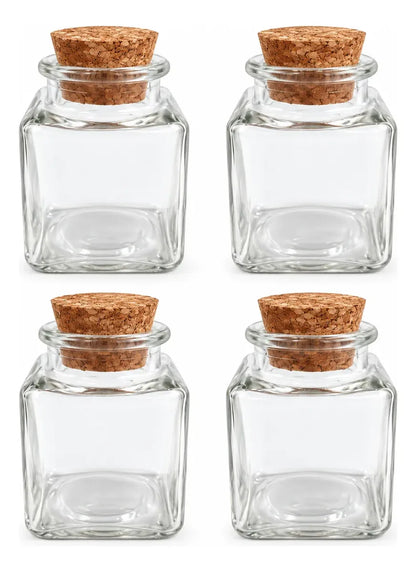 Pack 4 Frascos De Vidrio 50ml Cuadrado Con Tapa De Corcho