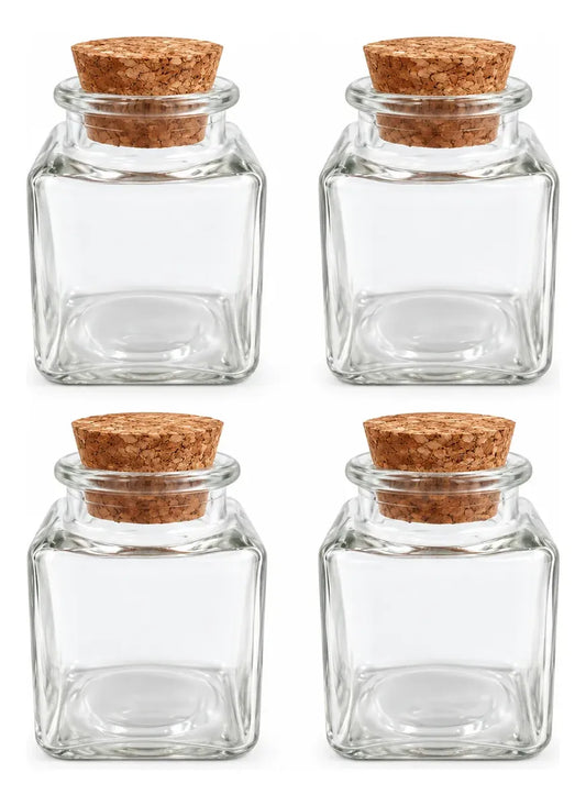 Pack 4 Frascos De Vidrio 50ml Cuadrado Con Tapa De Corcho