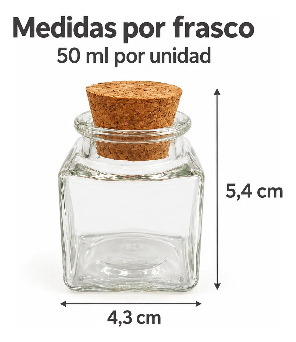 Pack 4 Frascos De Vidrio 50ml Cuadrado Con Tapa De Corcho