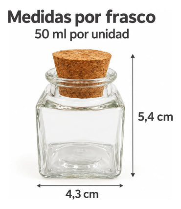 Pack 4 Frascos De Vidrio 50ml Cuadrado Con Tapa De Corcho