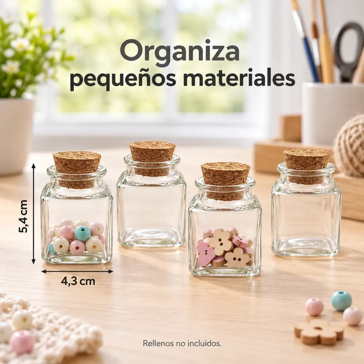 Pack 4 Frascos De Vidrio 50ml Cuadrado Con Tapa De Corcho