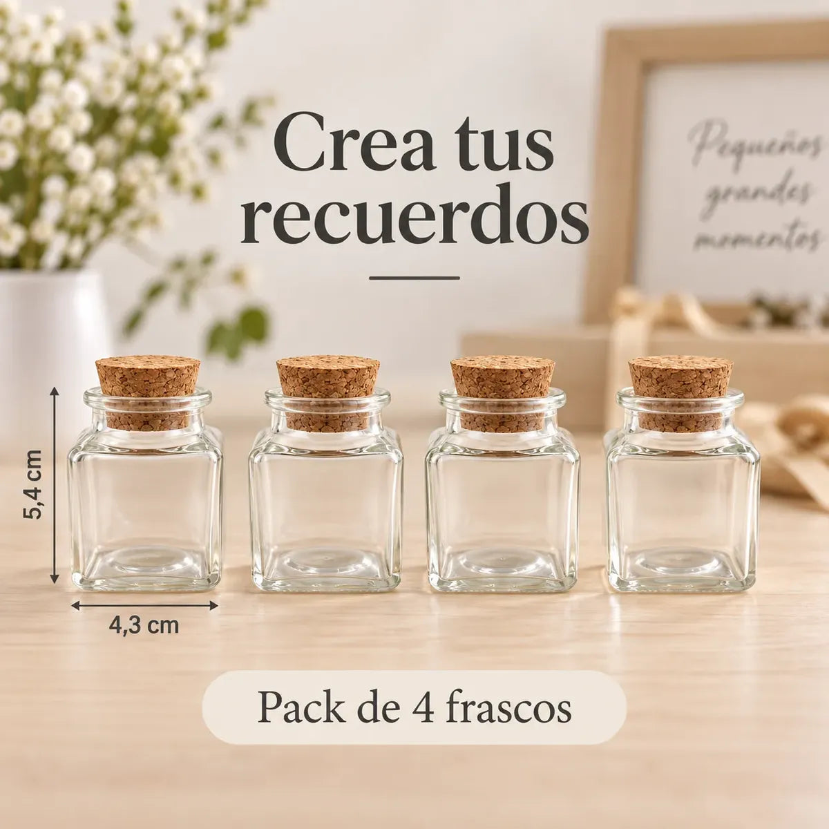 Pack 4 Frascos De Vidrio 50ml Cuadrado Con Tapa De Corcho
