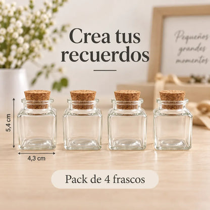 Pack 4 Frascos De Vidrio 50ml Cuadrado Con Tapa De Corcho