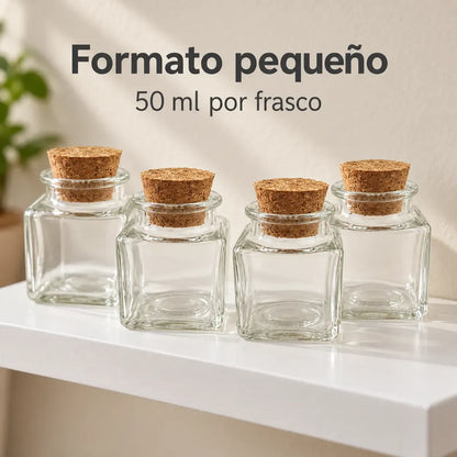 Pack 4 Frascos De Vidrio 50ml Cuadrado Con Tapa De Corcho