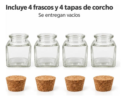 Pack 4 Frascos De Vidrio 50ml Cuadrado Con Tapa De Corcho