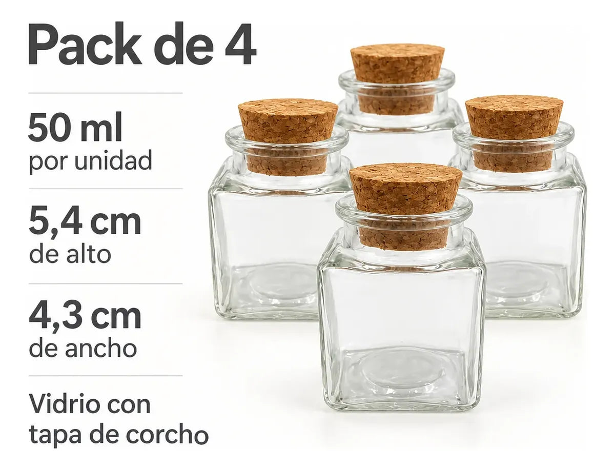 Pack 4 Frascos De Vidrio 50ml Cuadrado Con Tapa De Corcho