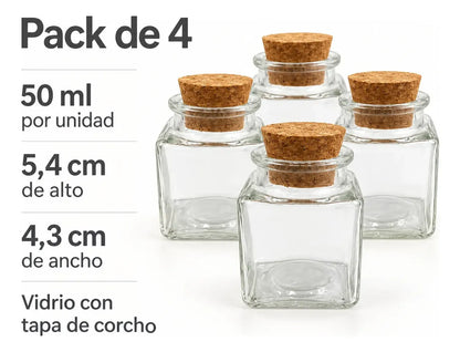 Pack 4 Frascos De Vidrio 50ml Cuadrado Con Tapa De Corcho