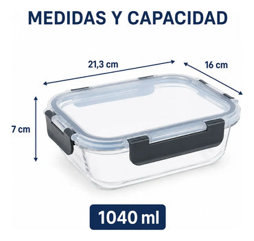 Set 2 Tupper Hermético Vidrio 1040ml