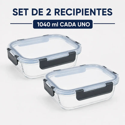 Set 2 Tupper Hermético Vidrio 1040ml