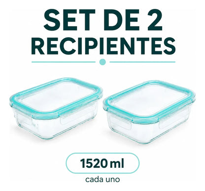 Set 2 Tupper Hermético Vidrio 1520ml Transparente