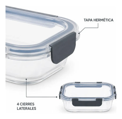 Set 3 Tupper Hermético Vidrio 640ml