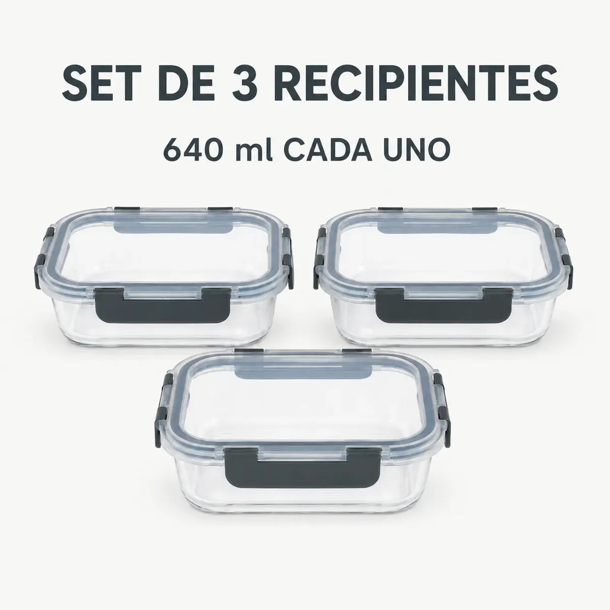 Set 3 Tupper Hermético Vidrio 640ml