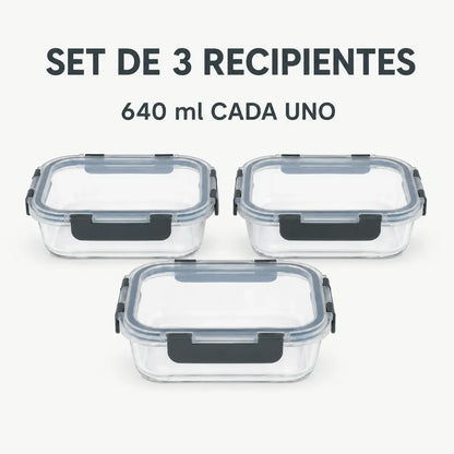Set 3 Tupper Hermético Vidrio 640ml
