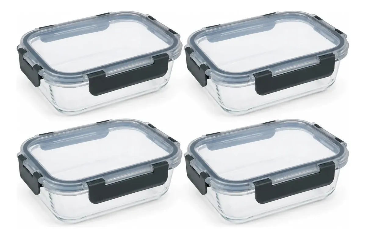 Set 4 Tupper Hermético Vidrio 370ml