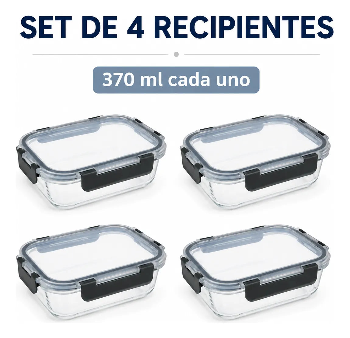 Set 4 Tupper Hermético Vidrio 370ml