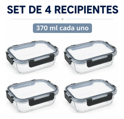 Set 4 Tupper Hermético Vidrio 370ml