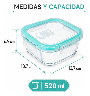 Set 4 Tupper Hermético Vidrio 520ml Transparente