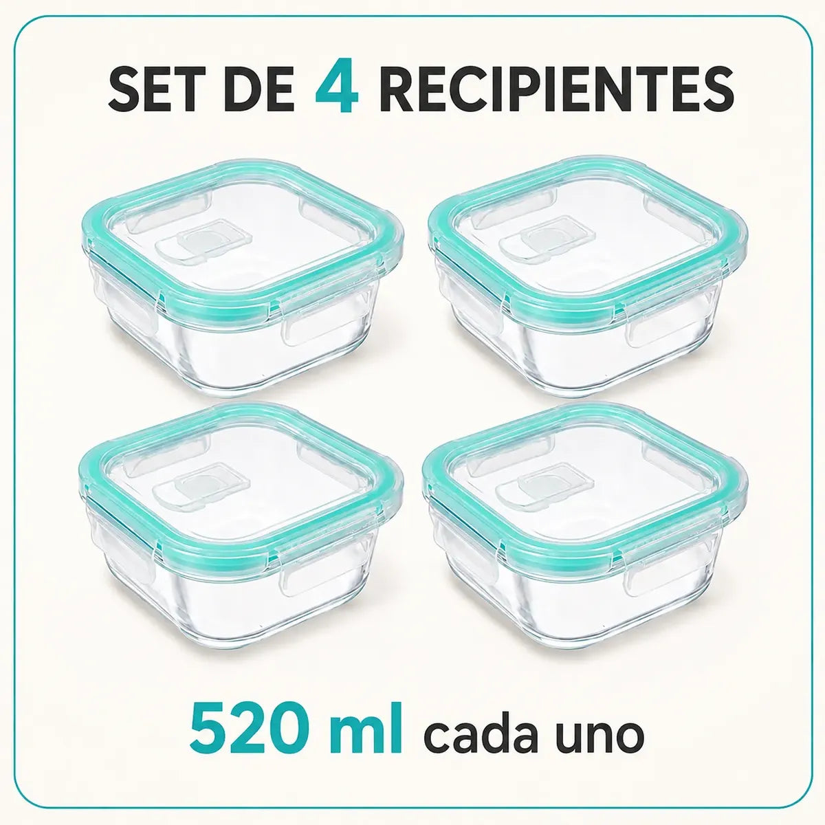 Set 4 Tupper Hermético Vidrio 520ml Transparente