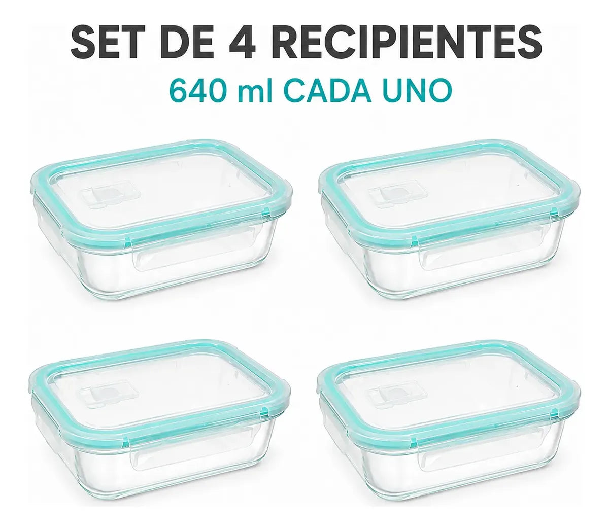 Set 4 Tupper Hermético Vidrio 640 Ml