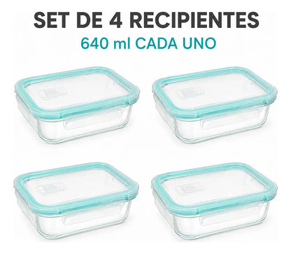 Set 4 Tupper Hermético Vidrio 640 Ml