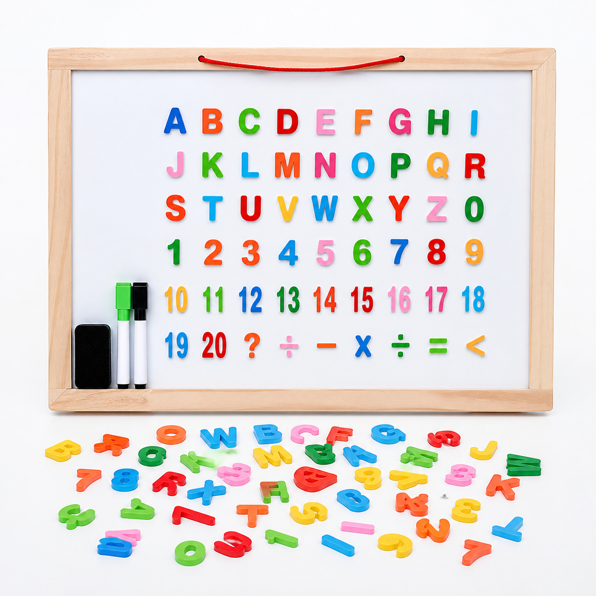 Letras números marcadores y borrador incluidos en juego educativo
