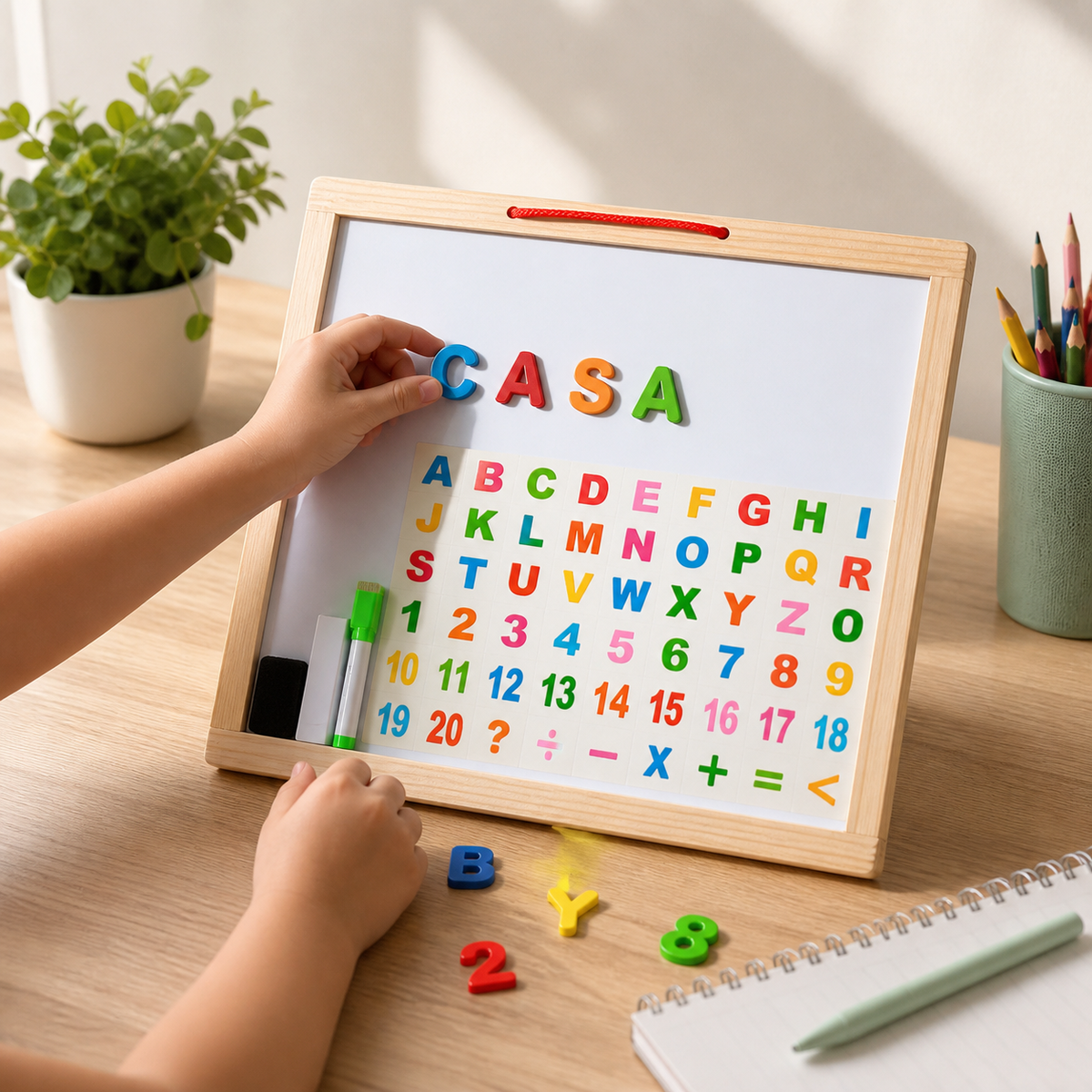 Niño formando palabras con letras magnéticas en pizarra educativa