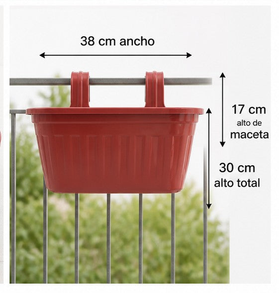 Macetero de Balcón 38 cm con Doble Gancho - medidas