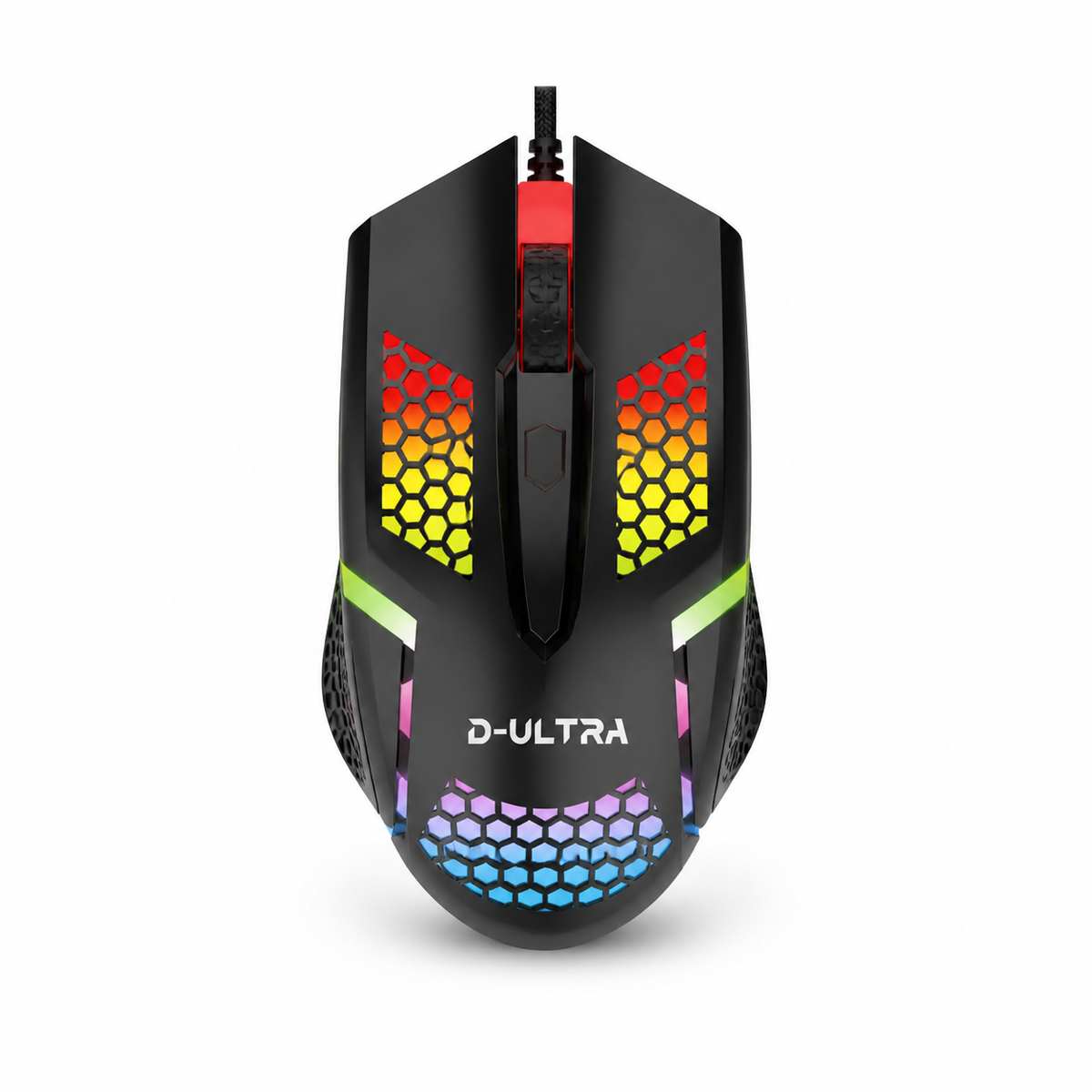 Mouse gamer alámbrico RGB negro sobre fondo blanco