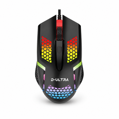 Mouse gamer alámbrico RGB negro sobre fondo blanco