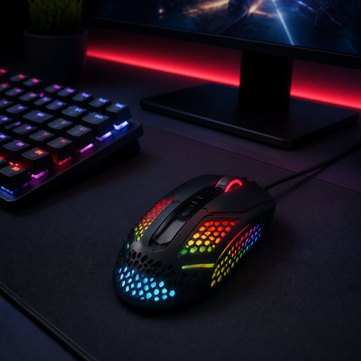 Mouse gamer RGB en escritorio de juego