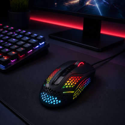 Mouse gamer RGB en escritorio de juego