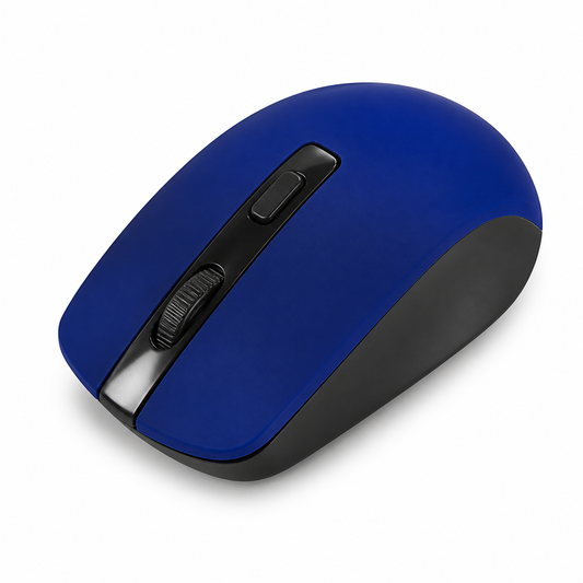 Mouse inalámbrico azul y negro sobre fondo blanco