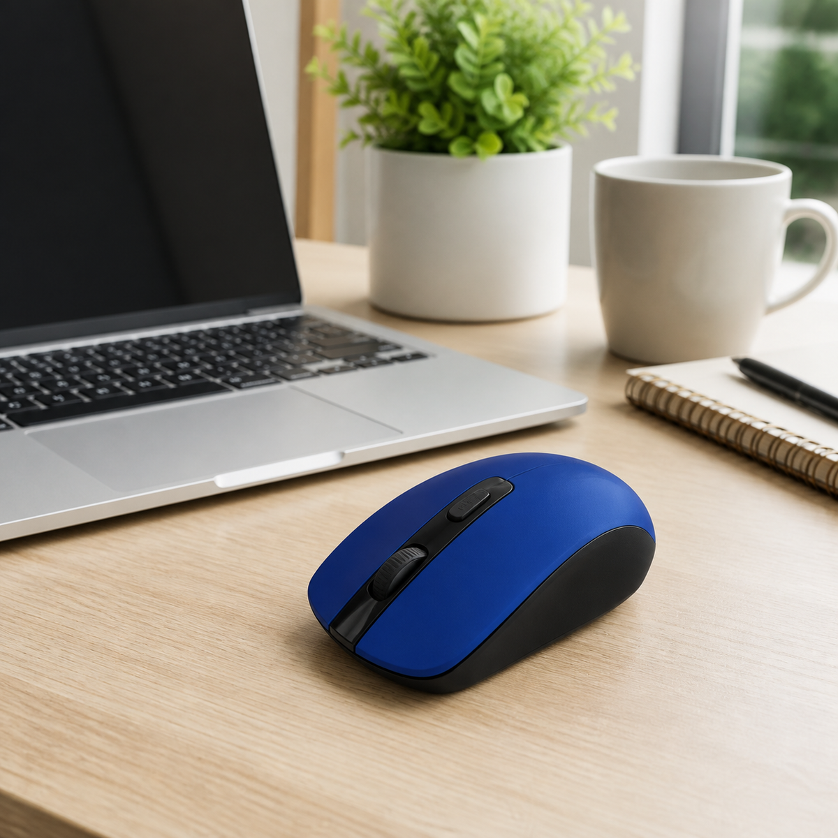 Mouse inalámbrico azul junto a laptop en oficina