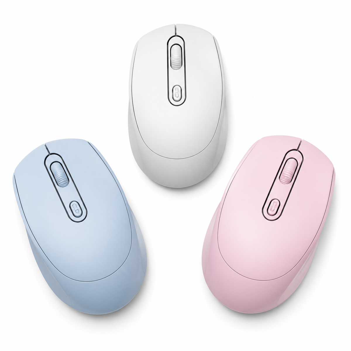 Mouse inalámbrico en colores azul blanco y rosado sobre fondo blanco