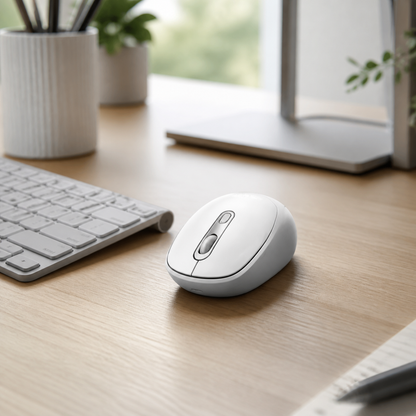 Mouse inalámbrico blanco en escritorio