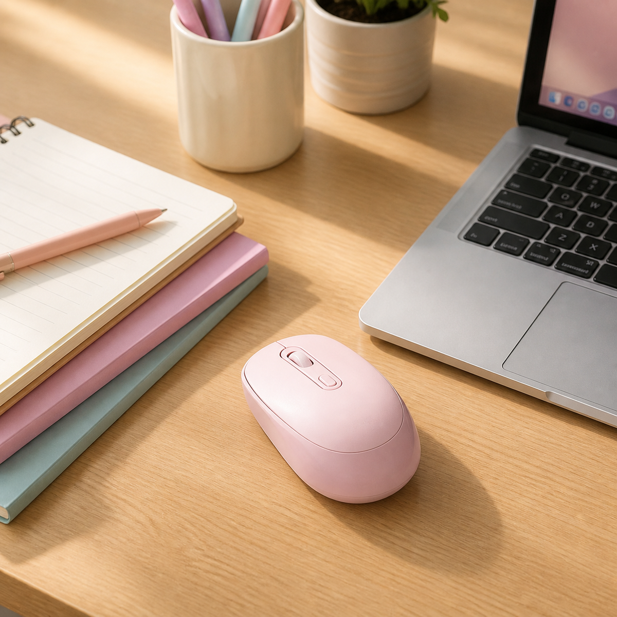 Mouse inalámbrico rosado en espacio de estudio