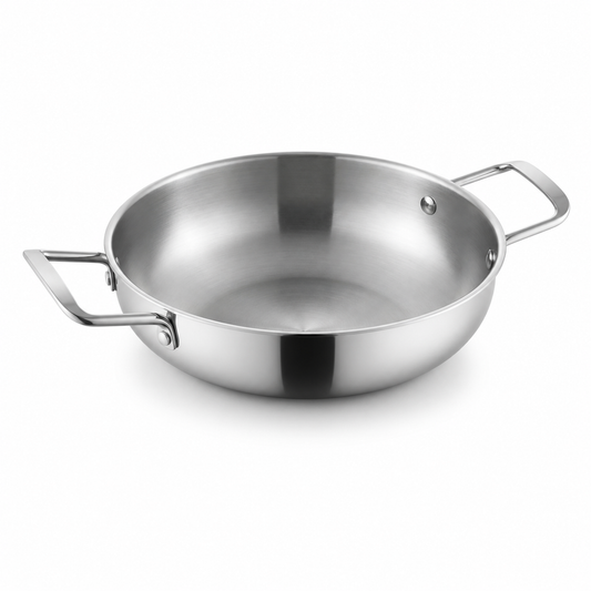 Olla baja de acero inoxidable con asas 26 cm fondo blanco