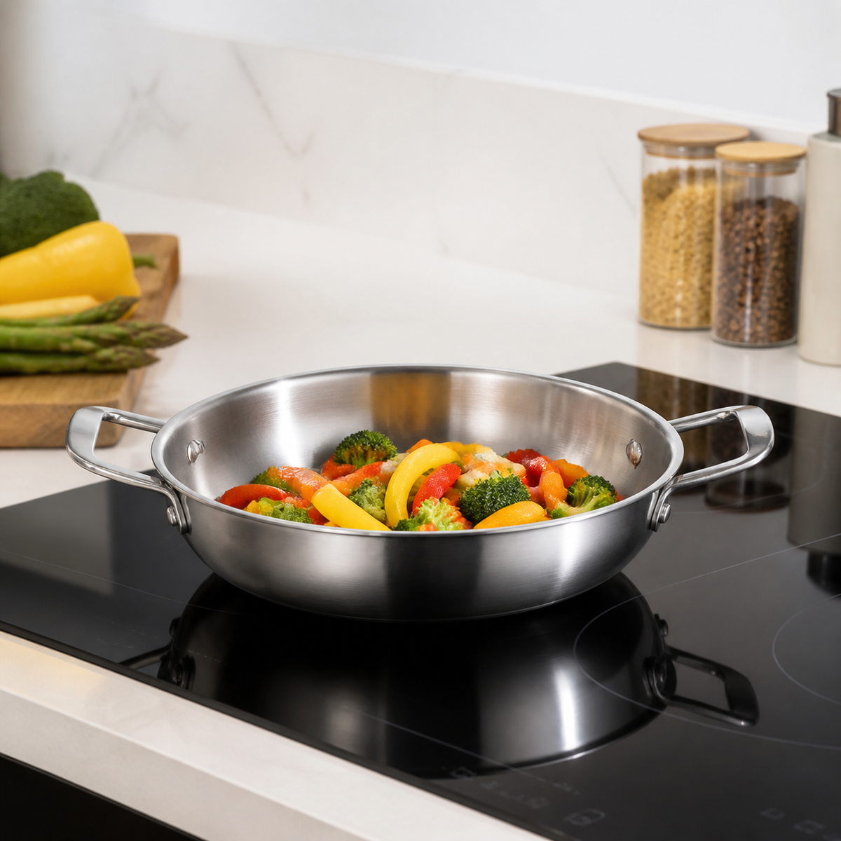 Olla con dos asas sobre cocina de inducción