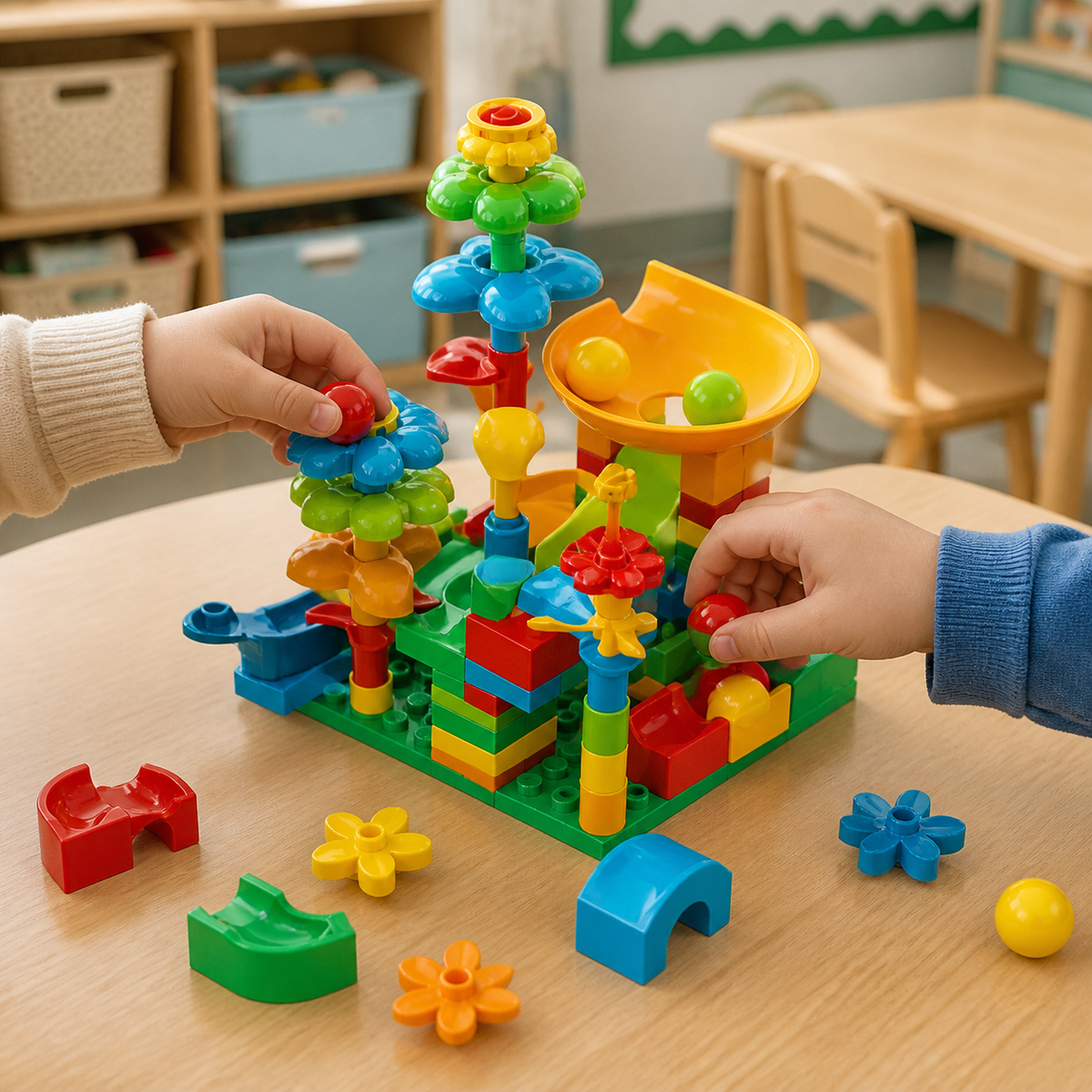 Niños construyendo pista de bolitas compacta
