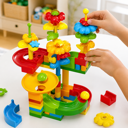 Niño armando pista de bolitas con bloques y flores
