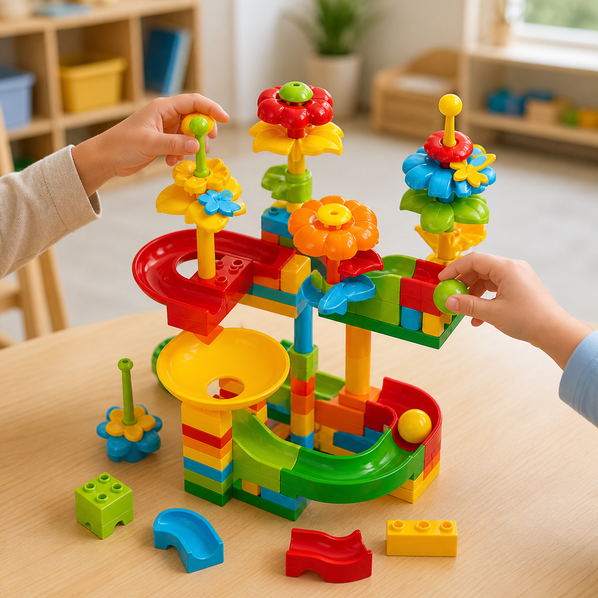 Niños construyendo pista de bolitas colorida